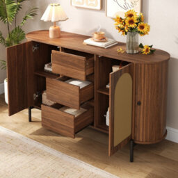 Btm Rattan Sideboard Cabinet, Sliding Doors, Drawers And Adjustable Shelves, Wood Effect Storage Cabinet - thumbnail 4