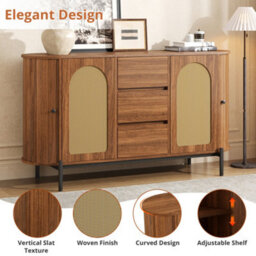Btm Rattan Sideboard Cabinet, Sliding Doors, Drawers And Adjustable Shelves, Wood Effect Storage Cabinet - thumbnail 7