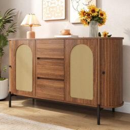 Btm Rattan Sideboard Cabinet, Sliding Doors, Drawers And Adjustable Shelves, Wood Effect Storage Cabinet - thumbnail 3