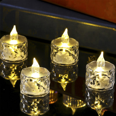 Set Of 12 Clear Faceted Led Tealights - Battery Powered Faux Light Up Flame-Free Candle Lights Home Decoration - Each H5 X 3.8Cm - image 1