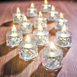 Set Of 12 Clear Faceted Led Tealights - Battery Powered Faux Light Up Flame-Free Candle Lights Home Decoration - Each H5 X 3.8Cm - thumbnail 3