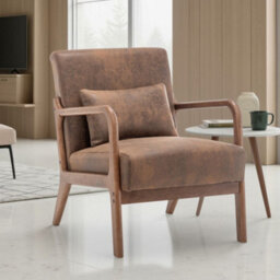 Brown Leather Wooden Accent Chair For Living Room Hertford - Soft Suede-Like Fabric - Flat Pack