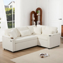 Matteo Beige Chenille L-Shaped Corner Sofa Bed With Pull-Out Sleeper, Integrated Storage, Usb Port & Cup Holders - Ideal For Modern Homes - thumbnail 4