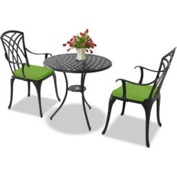 Homeology Oshowa Black Aluminium Weatherproof Outdoor Table And 2 Comfortable Chairs Bistro Set With Green Cushions - thumbnail 1