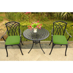 Homeology Oshowa Black Aluminium Weatherproof Outdoor Table And 2 Comfortable Chairs Bistro Set With Green Cushions - thumbnail 4