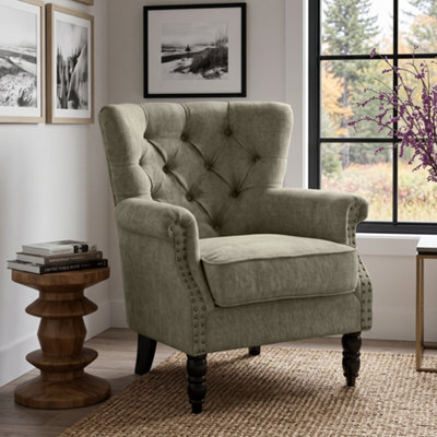Tufted Sage/olive Green Accent Chair Liana With Black Wooden Legs - Living Room Fabric Armchair - image 1