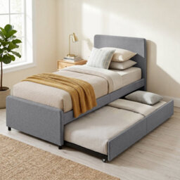 Homcom 90 X 190 Cm Upholstered Single Bed, Pull Out Trundle Bed, Dark Grey