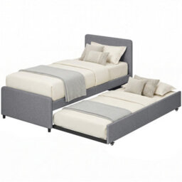 Homcom 90 X 190 Cm Upholstered Single Bed, Pull Out Trundle Bed, Dark Grey - thumbnail 2