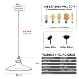 Industrial Green Metal Pendant Light E27 Adjustable Hanging Lamp, Vintage Dome Ceiling Light With Switch Holder & Cable - thumbnail 3