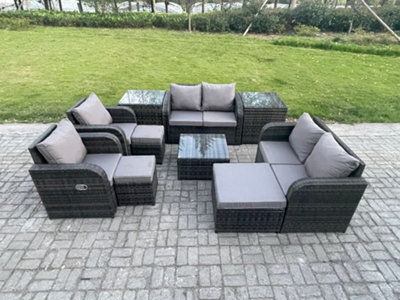 Fimous Garden Furniture Set Rattan Outdoor Lounge Sofa Chair With Tempered Glass Table 3 Footstools 2 Side Tables - image 1