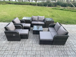 Fimous Garden Furniture Set Rattan Outdoor Lounge Sofa Chair With Tempered Glass Table 3 Footstools 2 Side Tables - thumbnail 2