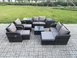 Fimous Garden Furniture Set Rattan Outdoor Lounge Sofa Chair With Tempered Glass Table 3 Footstools 2 Side Tables - thumbnail 1