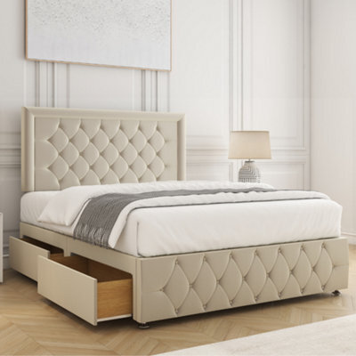 Bsspoke Lena Divan Bed Set Cream Plush Velvet With 24Inch Headboard & Footboard 2 Drawers Same Side & Mattress In All Sizes - image 1