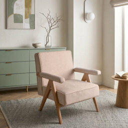 Wyld And Coco Novahaus Retro Armchair Beige Faux Linen Upholstery Rubberwood Frame - Compact Comfort - thumbnail 2