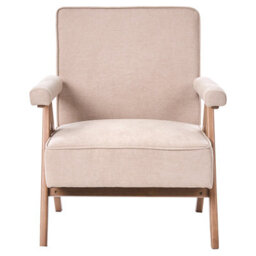 Wyld And Coco Novahaus Retro Armchair Beige Faux Linen Upholstery Rubberwood Frame - Compact Comfort - thumbnail 1