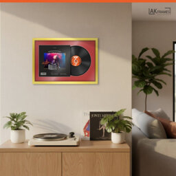 "AK Frames 25X17"" Gold Modern Vinyl Record Frame With Crimson Mount For 12 Inch Lp Cover & Disc - Overlapped Design" - thumbnail 5