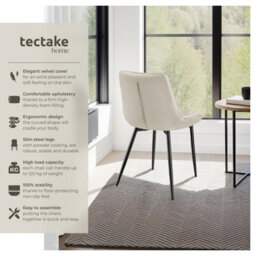 Tectake Set Of 4 Dining Chair Monroe - Padded, Velvet Look, Ergonomic Seat, Black Steel Legs  - Cream - thumbnail 2