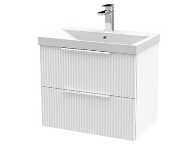 Hudson Reed Fluted Wall Hung 2-Drawer Vanity And Thin-Edge Basin, Contemporary Sink Vanity Unit, Satin White, 600mm - image 1
