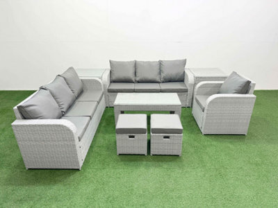Fimous 9 Seater Poly Rattan Outdoor Garden Furniture Oblong Coffee Table Sofa Set Reclining Chair Stools 2 Side Table Light Grey - image 1
