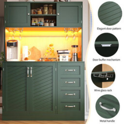 Abrihome Green 120Cm Led Buffet Cabinet With Snack Rack & Drink Holders - 4 Doors, 2 Drawers, Storage Sideboard For Kitchen,120X40X188Cm - thumbnail 3