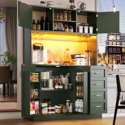 Abrihome Green 120Cm Led Buffet Cabinet With Snack Rack & Drink Holders - 4 Doors, 2 Drawers, Storage Sideboard For Kitchen,120X40X188Cm - thumbnail 2