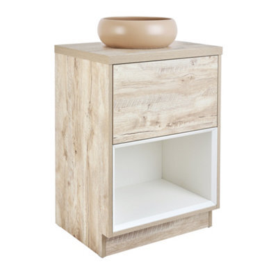 Homestylestore Light Oak 600mm Led Lit Bathroom Vanity Unit Round Sand Countertop Basin Open Shelf - image 1