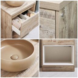 Homestylestore Light Oak 600mm Led Lit Bathroom Vanity Unit Round Sand Countertop Basin Open Shelf - thumbnail 2