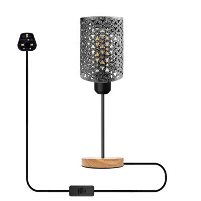 Modern Wooden Stand Bedside Table Lamp With Metal Cage , On Off Switch Brushed Silver Lamp