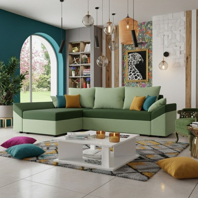 Dante L Modern Corner Sofa Bed Universal L Shape Couch Has Guest Sleep Function Storage Durable Fabric Light Green And Green - image 1