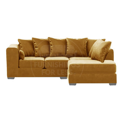 Furnishings For Less UK Ella Boxed Arm Plush Velvet 3 To 4 Seater L Shaped Corner Sofa  Gold Right Hand Facing