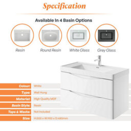 Plum&clay Eden Gloss White Wall Hung Vanity Unit With Resin Basin (W)900mm - thumbnail 6