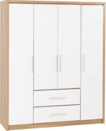 Seconique Seville 4 Door 2 Drawer Wardrobe White High Gloss And Light Oak Effect Veneer - thumbnail 1