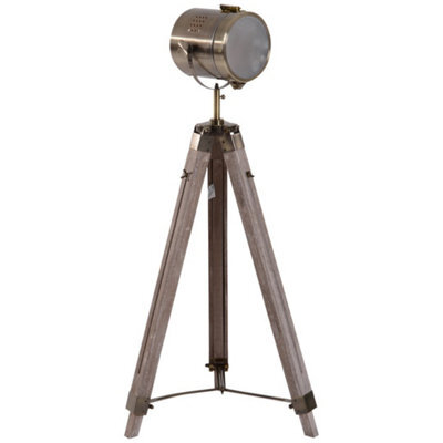 Bronze Tone Vintage Tripod Floor Lamp Wooden Searchlight With Adjustable Height - image 1