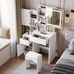 Dressing Table With Drawers Mirror Stool Set Makeup Desk Vanity Table - thumbnail 3