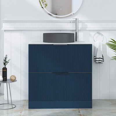 Royal Bathrooms Evora 800mm Midnight Blue Fluted Floor Standing Countertop Vanity Unit 2 Drawer With Art Round Basin - image 1