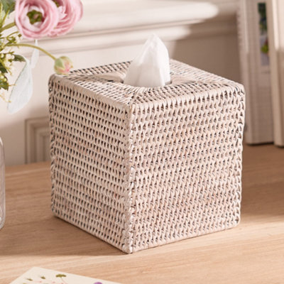 Dibor Traditional Square White Rattan Tissue Box Cover - image 1