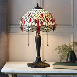 Tiffany Glass Table Lamp Light Dark Bronze & Cream Red Dragonfly Shade I00189 - thumbnail 3