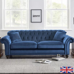 Xample Bordeaux Button Back Blue Velvet 4 Seater Sofa Tufted Design With Foam Cushions, Solid Wood Legs & Accent Pillows