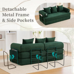 Abrihome Foldable Compressible Sofa With Sturdy Metal Frame, Perfect For Small Spaces - Modern Fabric & Metal, Emerald - thumbnail 7