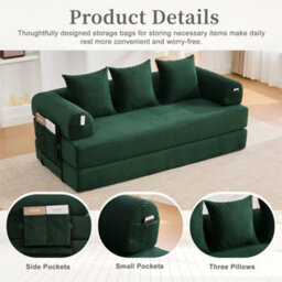 Abrihome Foldable Compressible Sofa With Sturdy Metal Frame, Perfect For Small Spaces - Modern Fabric & Metal, Emerald - thumbnail 3
