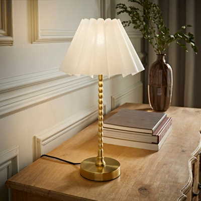 Valuelights Maeve White Scallop Pleated Tapered Shade Gold Bobbin Bobble Table Lamp And Bulb - image 1