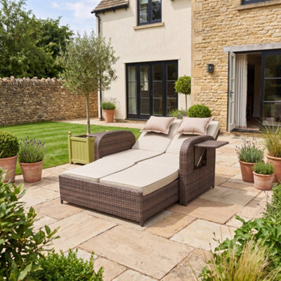 Artemis Home Whitmore Rattan Reclining Outdoor Sofa Bed With Side Shelves - Brown & Cream - image 1