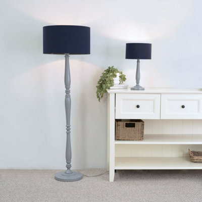 Valuelights Victoria Traditional Grey Wood Candlestick Table Lamp With Navy Blue Drum Shade - Led Bulb Included - image 1