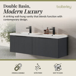 Balterley Fluted Front Wall Hung 2-Drawer Bathroom Vanity Unit With Double Basin, 1200mm, Satin Dark Grey, Black Handles - thumbnail 2