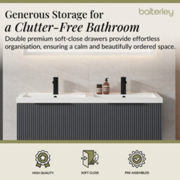 Balterley Fluted Front Wall Hung 2-Drawer Bathroom Vanity Unit With Double Basin, 1200mm, Satin Dark Grey, Black Handles - thumbnail 3