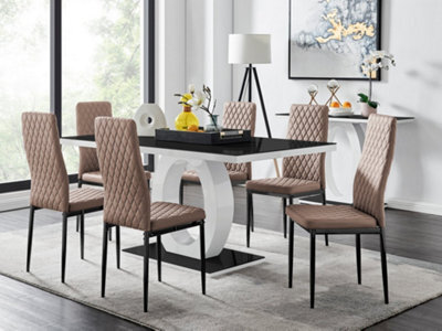 Furniturebox Giovani Rectangular 6 Seat White High Gloss Unique Halo Dining Table Black Glass Top 6 Beige Faux Leather Black Leg Milan Chairs - image 1