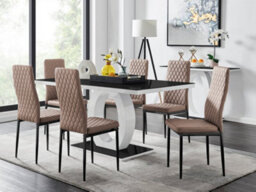 Furniturebox Giovani Rectangular 6 Seat White High Gloss Unique Halo Dining Table Black Glass Top 6 Beige Faux Leather Black Leg Milan Chairs