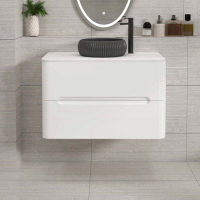 Royal Bathrooms Venice 800mm Gloss White Wall Mounted Bathroom Countertop Vanity Unit 2 Drawer With Milan Black Basin - image 1