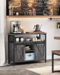 Songmics Sideboard, Kitchen Cabinet, Storage Cupboard, With 2 Sliding Barn Doors,  Adjustable Shelves, Stone Grey And Ink Black - thumbnail 3