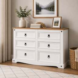 Mews Corona White 6 Drawer Chest Of Drawers Sideboard Low 3+3 Solid Pine - thumbnail 1